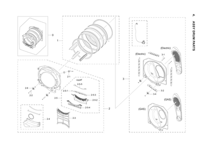 Drum Assembly Diagram and Parts List for DVG45B6300W A3-00 Samsung Dryer