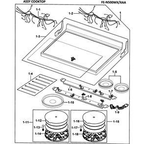 Cooktop Assembly Diagram and Parts List for FE-N500WX XAA-00 Samsung Range