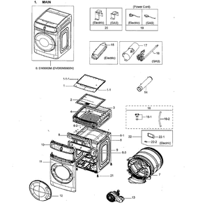 Main Assembly Diagram and Parts List for DVE60M9900V A3-0000 Samsung Dryer