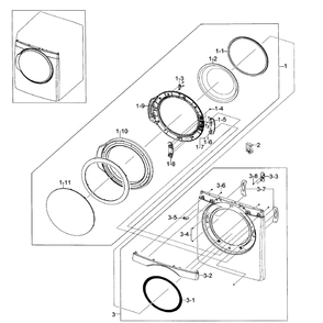 Front / Door Assembly Diagram and Parts List for DV448AGE XAA-02 Samsung Dryer