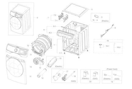 Main Asy Diagram and Parts List for DV45K6500GV A3-0000 Samsung Dryer