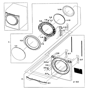 Front / Door Assembly Diagram and Parts List for DV520AEP XAA-01 Samsung Dryer