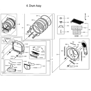 Drum Assembly Diagram and Parts List for DVE52M7750W A3-0000 Samsung Dryer