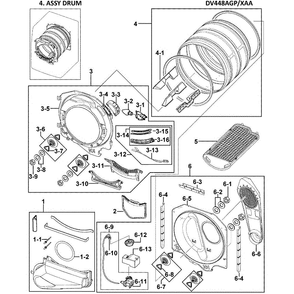 Drum Assembly Diagram and Parts List for DV448AGP XAA-0002 Samsung Dryer