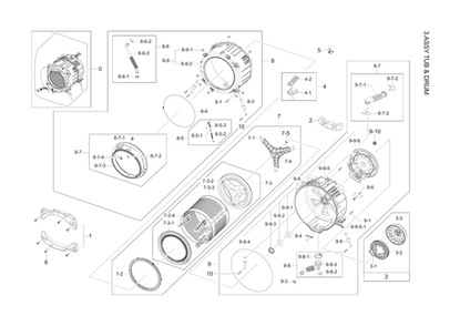 Tub And Drum Assembly Diagram and Parts List for WF42H5200AF A2-11 Samsung Washer