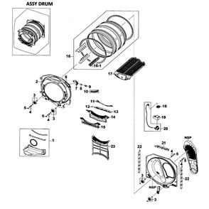 Drum Assembly Diagram and Parts List for DV520AEW XAA Samsung Dryer