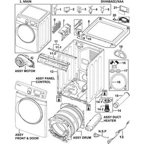 Main Aassembly Diagram and Parts List for DV448AEE XAA-0001 Samsung Dryer