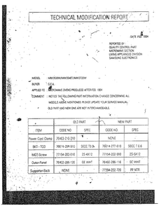 Technical Modification Report Diagram and Parts List for MW3530W XAA Samsung Microwave