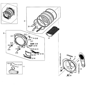 Drum Assembly Diagram and Parts List for DV448AEE XAA-01 Samsung Dryer