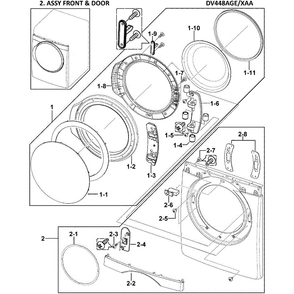 Front Assembly Diagram and Parts List for DV448AGE XAA-0000 Samsung Dryer