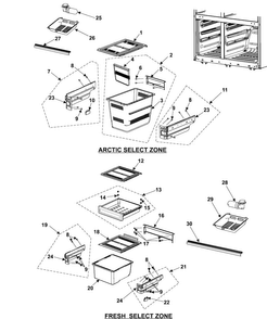 Arctic/fresh/select Zone Compartment Diagram and Parts List for RM255BARB XAA Samsung Refrigerator