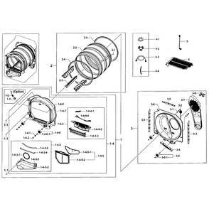 Drum Assembly Diagram and Parts List for DV50F9A6EVW A2-0001 Samsung Dryer