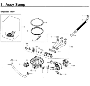 Sump Diagram and Parts List for DW80H9970US AA-0002 Samsung Dishwasher