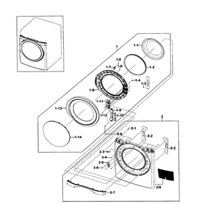 Front / Door Assembly Diagram and Parts List for DV511AEW XAA-0001 Samsung Dryer