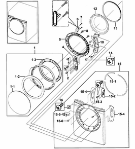 Front Assy Diagram and Parts List for DV328AGG XAA-0000 Samsung Dryer