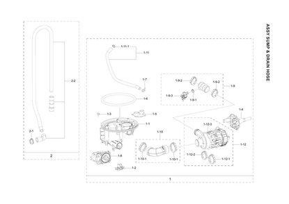 Sump And Drain Hose Assembly Diagram and Parts List for DW80R2031UG AA-00 Samsung Dishwasher