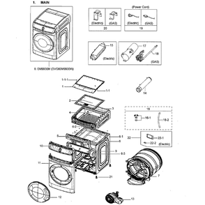 Main Assembly Diagram and Parts List for DVG60M9900W A3-0000 Samsung Dryer