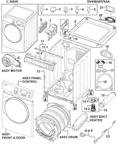 Main Assy Diagram and Parts List for DV448AEP XAA-0002 Samsung Dryer