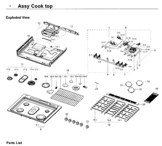 Cooktop Diagram and Parts List for NX58K9850SG AA-0000 Samsung Range