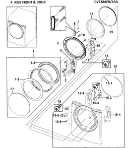 Front Assy Diagram and Parts List for DV328AER XAA Samsung Dryer