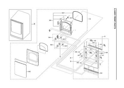 Front Assembly Diagram and Parts List for DVE52A5500C A3-00 Samsung Dryer