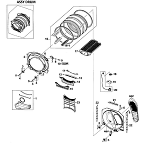 Drum Assembly Diagram and Parts List for DV520AEW XAA Samsung Dryer