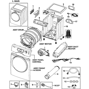 Main Assembly Diagram and Parts List for DV338AEB XAA-0000 Samsung Dryer