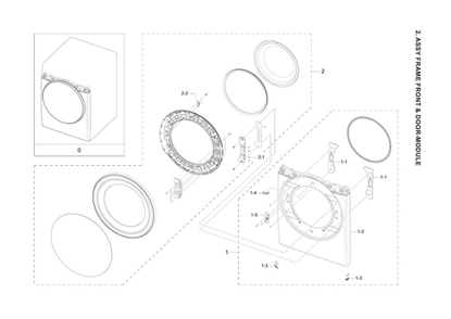 Front Frame And Door Module Assembly Diagram and Parts List for DVE45B6300W A3-00 Samsung Dryer