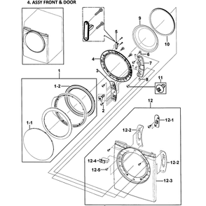Front Assembly Diagram and Parts List for DV338AEB XAA-0000 Samsung Dryer