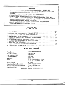 Contents/specifications Diagram and Parts List for MW2170U XAA Samsung Microwave