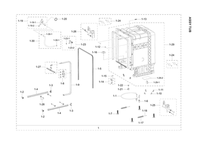 Tub Assembly Diagram and Parts List for DW80R2031UG AA-00 Samsung Dishwasher