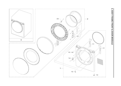 Front Frame/Door-Module Assembly Diagram and Parts List for DVE45A6400V A3-00 Samsung Dryer