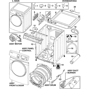 Main Assembly Diagram and Parts List for DV448AGP XAA-0002 Samsung Dryer