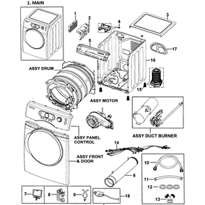Main Assembly Diagram and Parts List for DV338AGB XAA-0000 Samsung Dryer