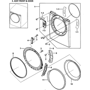Front Assembly Diagram and Parts List for DV337AER XAA-00 Samsung Dryer