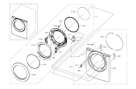 Front & Door Diagram and Parts List for DV36J4000GW A3-0000 Samsung Dryer