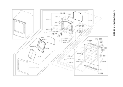 Front Frame And Door Assembly Diagram and Parts List for DV45K7100EW A3-00 Samsung Dryer