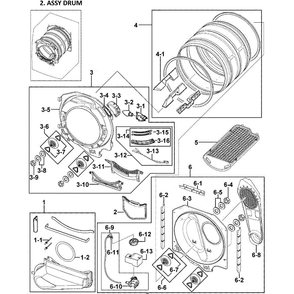 Drum Assembly Diagram and Parts List for DV409AGW XAA-0000 Samsung Dryer