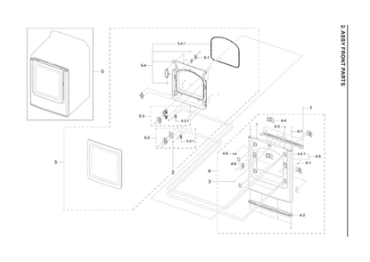 Front Parts Assembly Diagram and Parts List for DVE41A3000W A3-00 Samsung Dryer