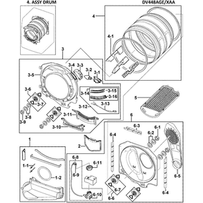 Drum Assembly Diagram and Parts List for DV448AGE XAA-0000 Samsung Dryer