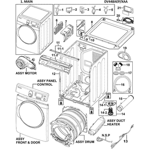 Main Assembly Diagram and Parts List for DV448AEP XAA-0002 Samsung Dryer