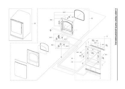 Front Parts Assembly Diagram and Parts List for DVE50T5300C A3-00 Samsung Dryer