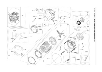Tub And Drum Assembly Diagram and Parts List for WV60A9900AV A5-00 Samsung Washer