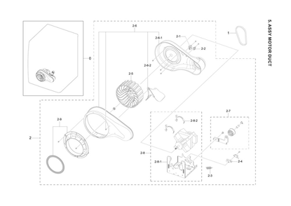 Motor Duct Assembly Diagram and Parts List for DVE45B6300W A3-00 Samsung Dryer
