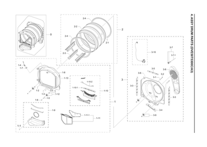 Drum Assembly Diagram and Parts List for DVE50T5300C A3-00 Samsung Dryer
