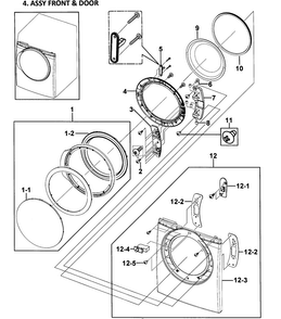 Front Assy Diagram and Parts List for DV338AGB XAA-0000 Samsung Dryer