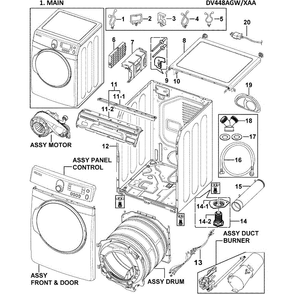 Main Assembly Diagram and Parts List for DV448AGW XAA-0002 Samsung Dryer
