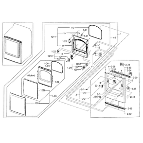Frame Front And Door Diagram and Parts List for DV400EWHDWR AA-0000 Samsung Dryer