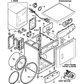Main Assembly Diagram and Parts List for DV665JW XAA-00 Samsung Dryer