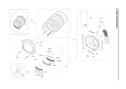 Drum Assembly Diagram and Parts List for DVE45A6400V A3-00 Samsung Dryer